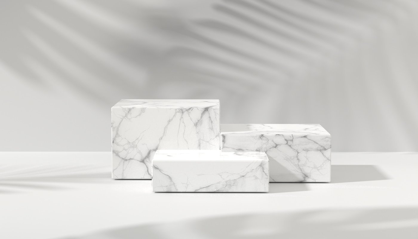 Marbel podium  for product showcase. White marble product display. Natural light copy space. Minimal abstract cosmetic background for product presentation.